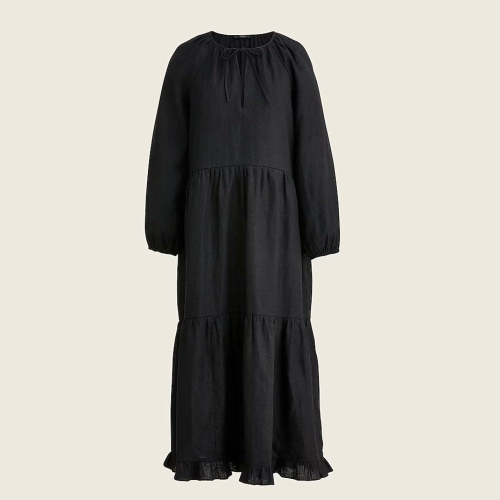 J. Crew Long-Sleeve Tiered Dress in Linen: Black, SmallMedium